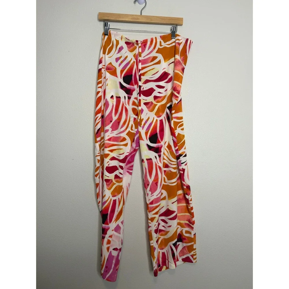 Natori Pajama Set Women's XL Pink Orange Abstract Floral Button Top Pants Lounge